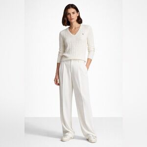 Polo Ralph Lauren Women's Cable Knit Cotton V-Neck Sweater white RLL logo Size L